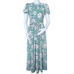 Gal Meets Glam Shannon Pleat Neck Floral Green Maxi Dress Size 2